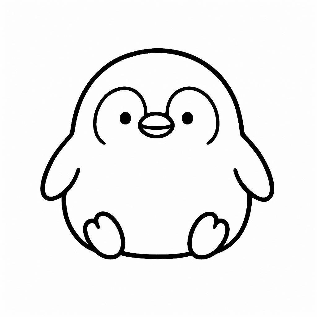 Coloring page of a smoosh squishy animal, round penguin sitting happily