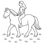 Page à colorier d&rsquo;un étalon, cheval de trait, une femme montant à cru à travers une prairie