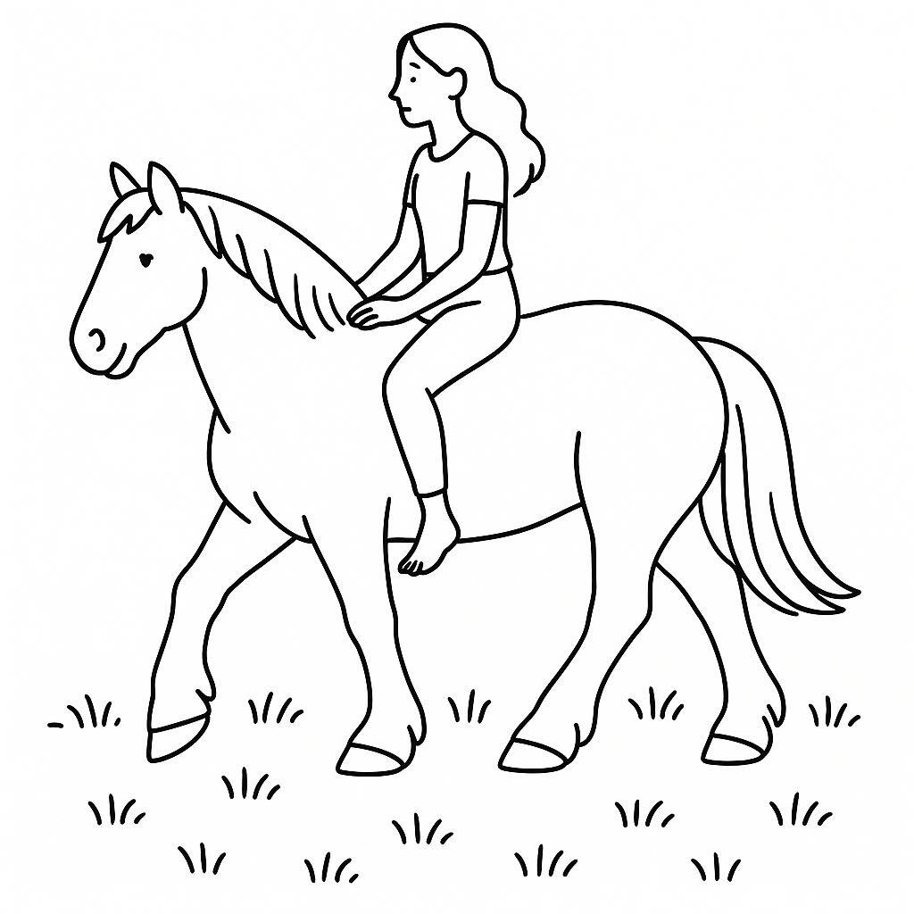 Coloring page of a stallion, draft horse a woman riding bareback through a meadow