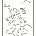 Page à colorier d&rsquo;une licorne, amie fantastique volant à travers les nuages