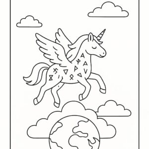 Coloring page of a unicorn, fantasy friend flying through clouds