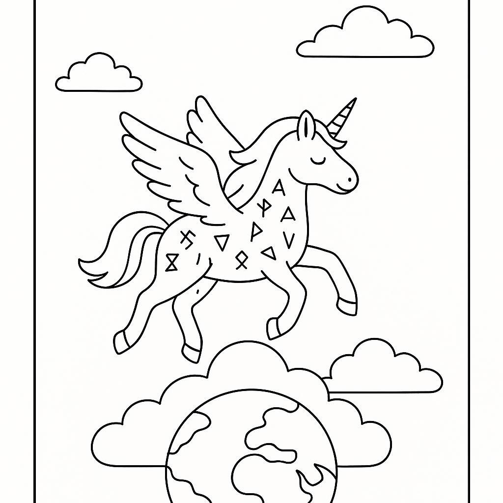 Coloring page of a unicorn, fantasy friend flying through clouds