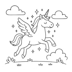 Coloring page of a unicorn, majestic creature flying through clouds