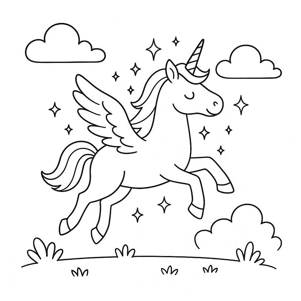 Coloring page of a unicorn, majestic creature flying through clouds