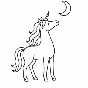 Coloring page of a unicorn, majestic creature looking at the moon