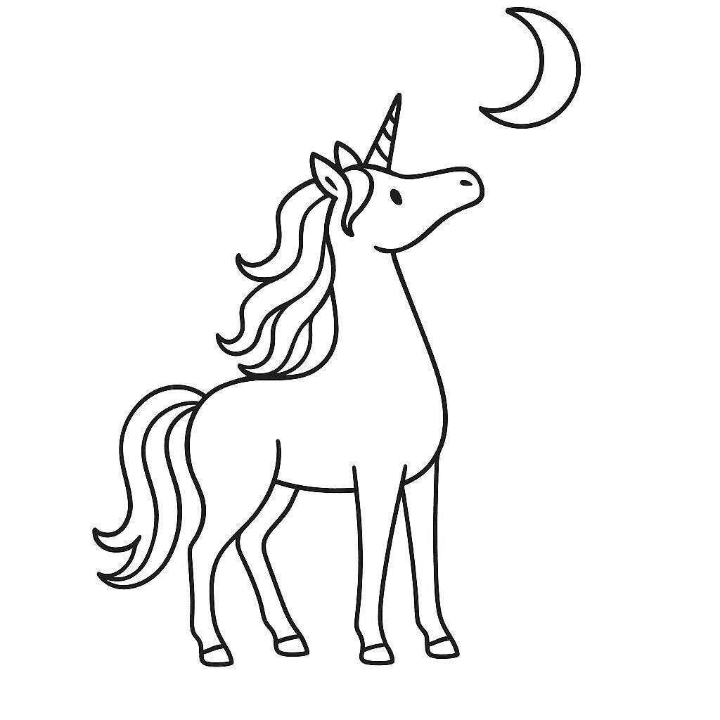 Coloring page of a unicorn, majestic creature looking at the moon