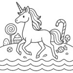 Page de coloriage d&rsquo;une licorne, créature majestueuse courant dans les vagues