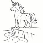 Page de coloriage d&rsquo;une licorne, créature majestueuse perchée sur une falaise