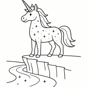 Coloring page of a unicorn, majestic creature standing on a cliff