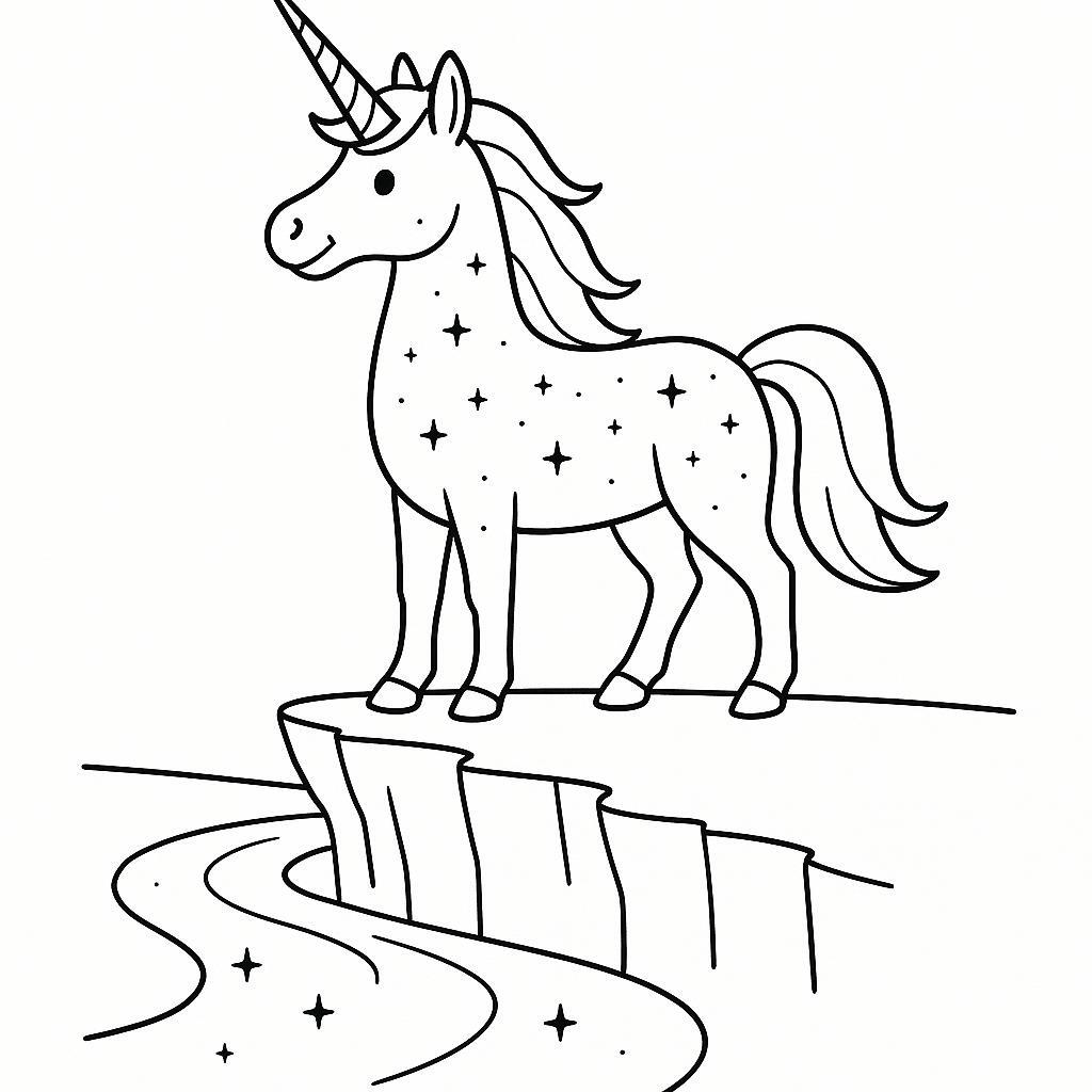 Coloring page of a unicorn, majestic creature standing on a cliff