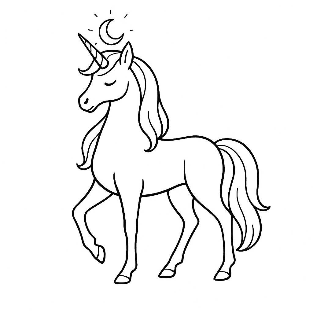 Coloring page of a unicorn, moonlight wanderer posing gracefully