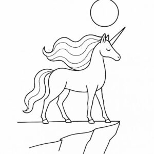 Coloring page of a unicorn, moonlight wanderer standing on a cliff