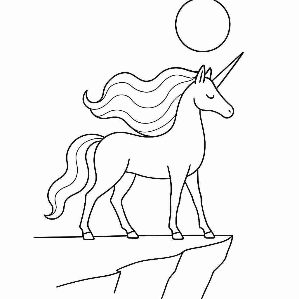 Coloring page of a unicorn, moonlight wanderer standing on a cliff