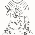 Page de coloriage d&rsquo;une licorne, cavalier de l&rsquo;arc-en-ciel posant avec grâce
