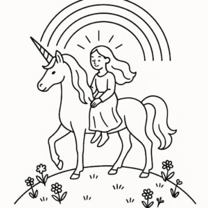 Coloring page of a unicorn, rainbow rider posing gracefully