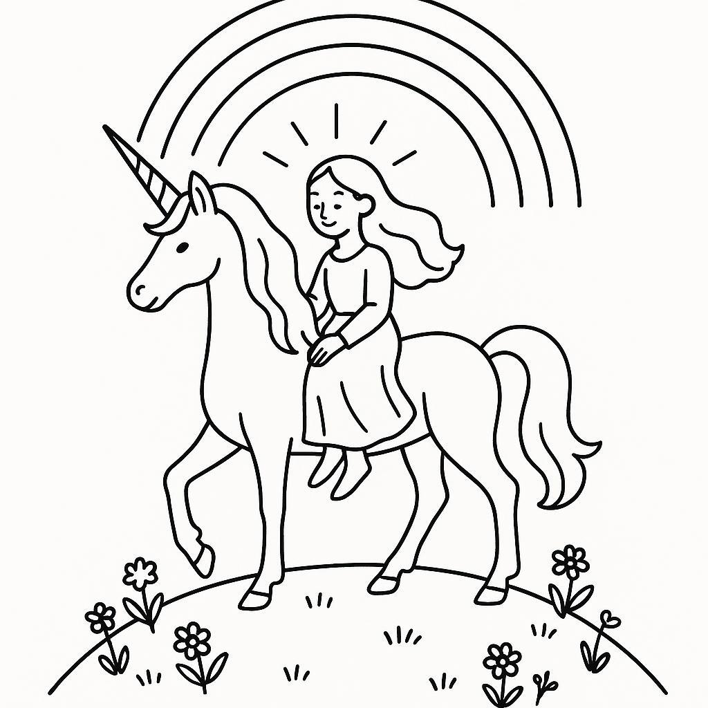 Coloring page of a unicorn, rainbow rider posing gracefully