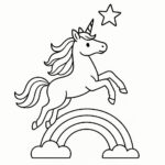Page à colorier d&rsquo;une licorne, chasseuse d&rsquo;étoiles sautant par-dessus un arc-en-ciel
