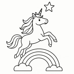 Coloring page of a unicorn, star chaser leaping over a rainbow