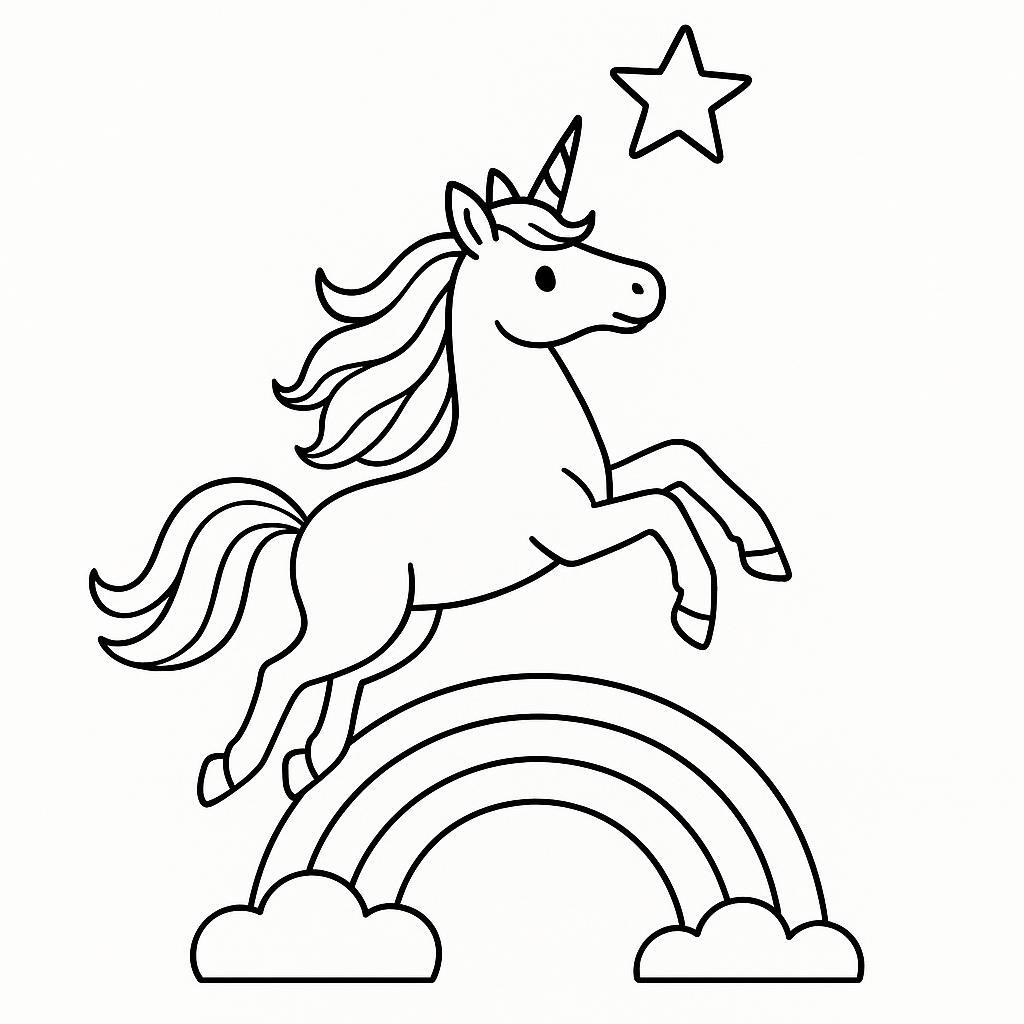 Coloring page of a unicorn, star chaser leaping over a rainbow
