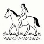 Page de coloriage d’un cheval de travail, fidèle compagnon d’une femme chevauchant à cru à travers un pré