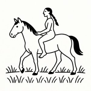 Coloring page of a workhorse, trusty companion a woman riding bareback through a meadow