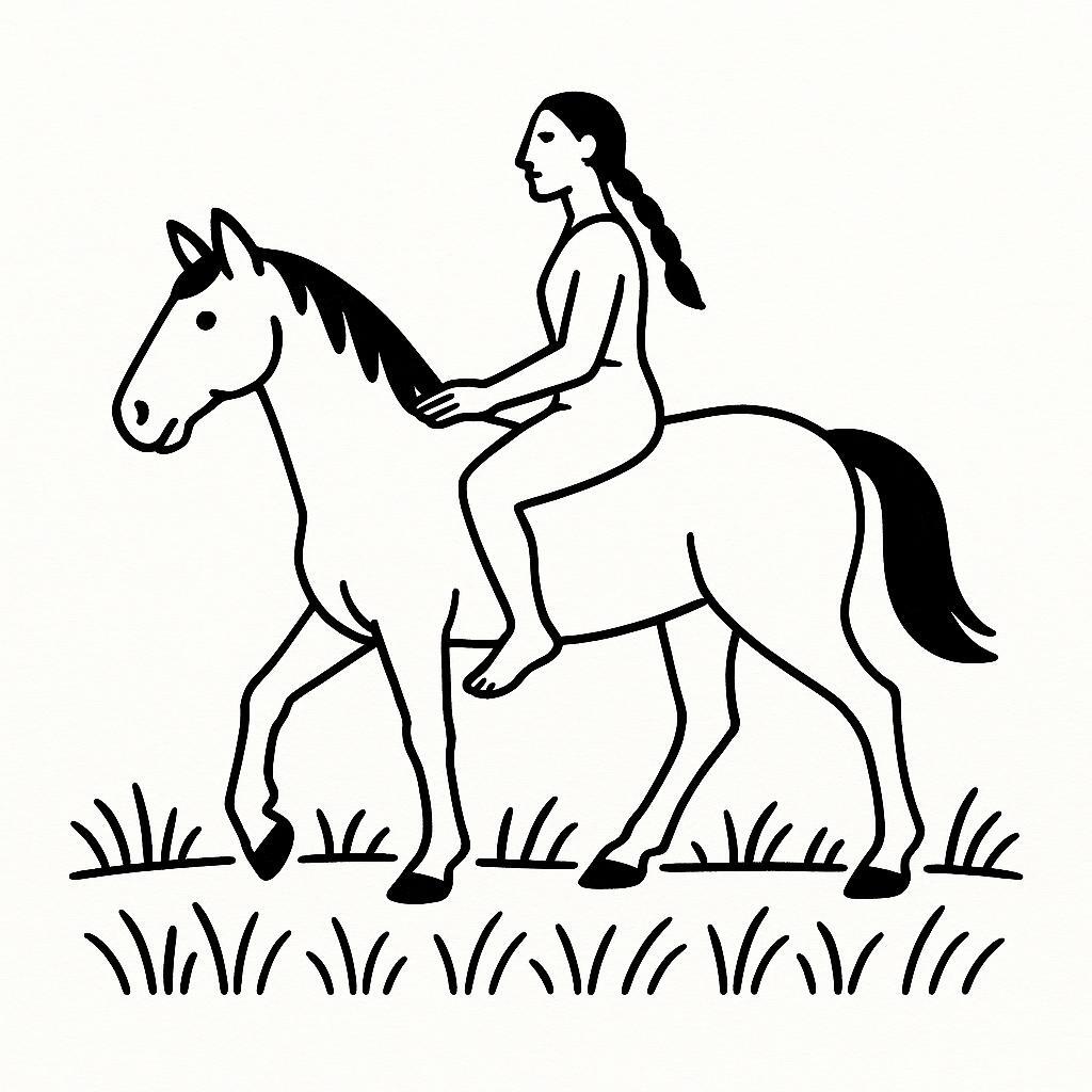 Coloring page of a workhorse, trusty companion a woman riding bareback through a meadow