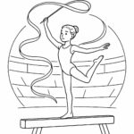 Page à colorier d&rsquo;un jeune athlète, acrobate se balançant sur une poutre