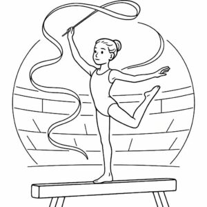 Coloring page of a young athlete, acrobat balancing on a beam