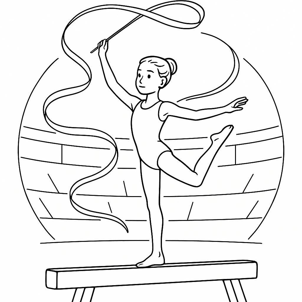 Coloring page of a young athlete, acrobat balancing on a beam