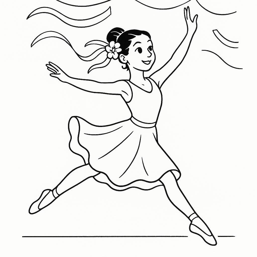 Coloring page of a young ballerina, flamenco artist leaping across the stage