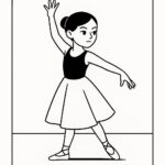 Page de coloriage d’une jeune ballerine, artiste de flamenco prenant une pose dramatique