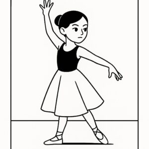 Coloring page of a young ballerina, flamenco artist striking a dramatic pose