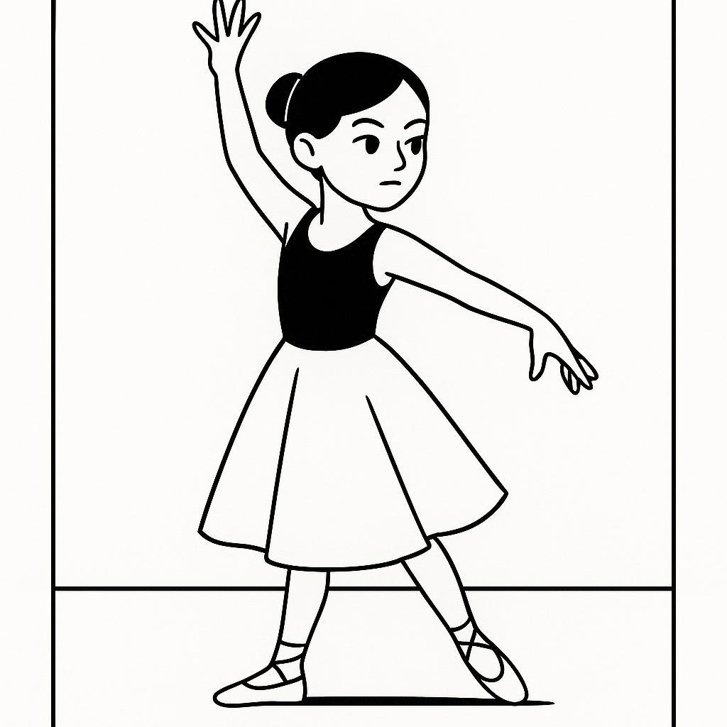 Coloring page of a young ballerina, flamenco artist striking a dramatic pose