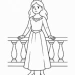 Page à colorier d&rsquo;une jeune reine, héroïne courageuse sur un balcon