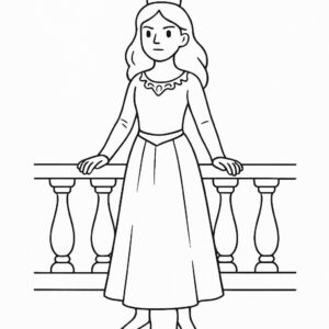 Coloring page of a young queen, brave heroine standing on a balcony