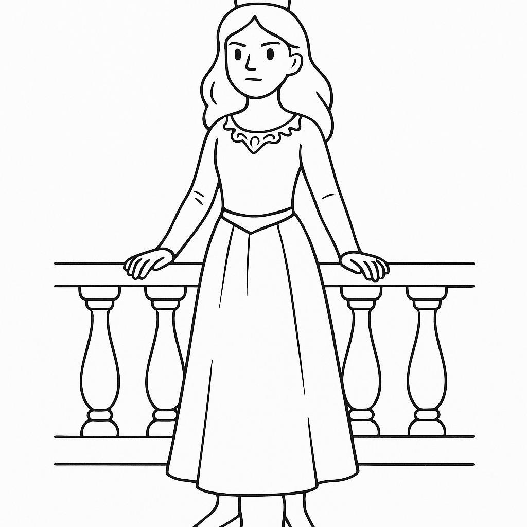 Coloring page of a young queen, brave heroine standing on a balcony