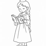Page de coloriage d&rsquo;une jeune reine, douce rêveuse lisant un livre ancien