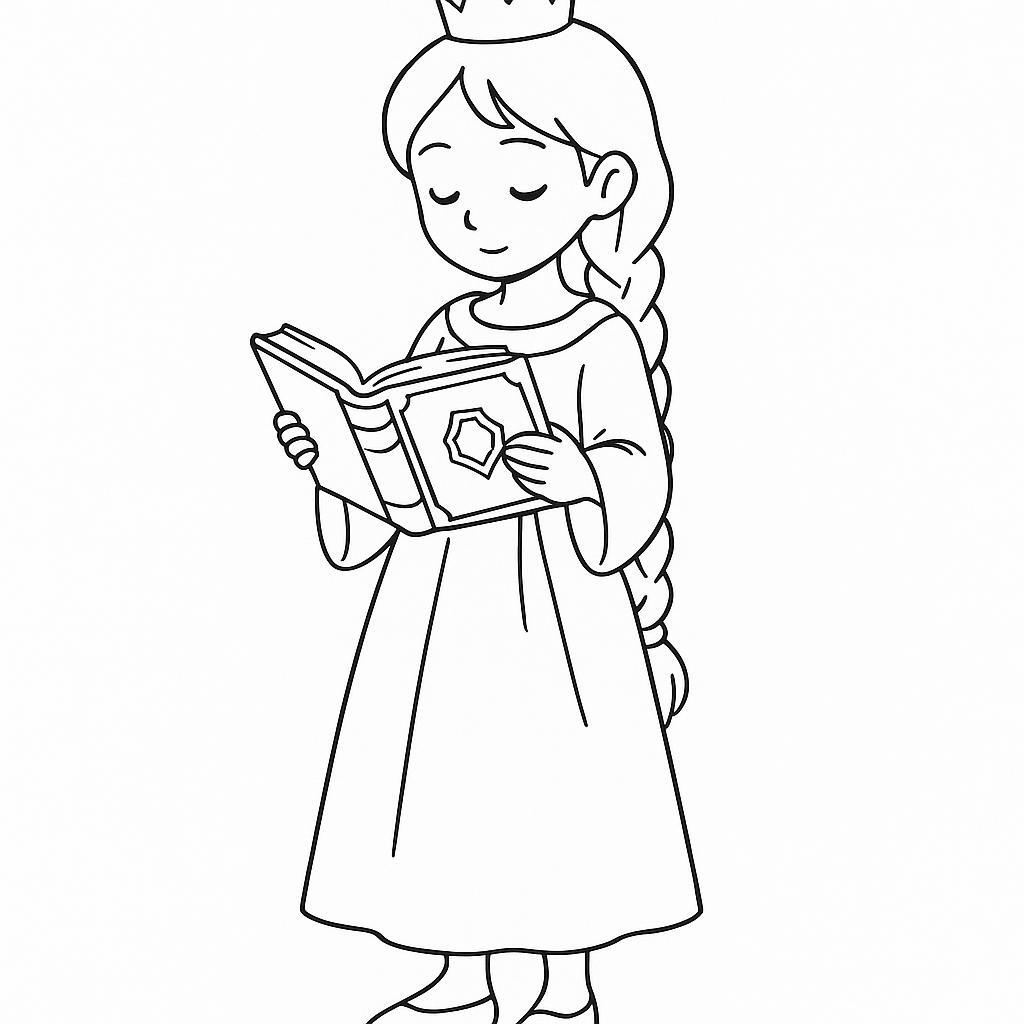 Coloring page of a young queen, gentle dreamer reading an ancient book