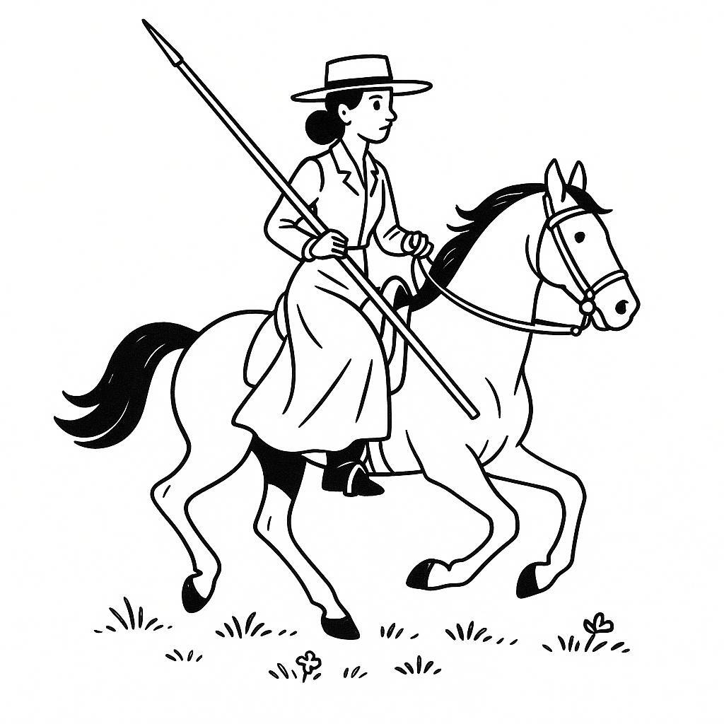 Coloring page of a Andalusian female rider, cowgirl galloping across a meadow