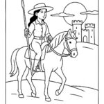 Page à colorier d’une jeune femme andalouse à cheval, cowgirl, chevauchant au coucher du soleil