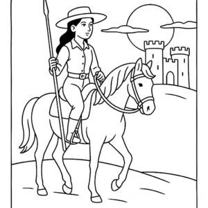 Coloring page of a Andalusian young woman on horseback, cowgirl riding at sunset