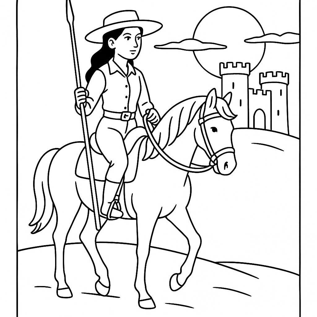 Coloring page of a Andalusian young woman on horseback, cowgirl riding at sunset