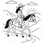Page à colorier d&rsquo;une fille Appaloosa montant à cheval, cowgirl chevauchant au coucher du soleil