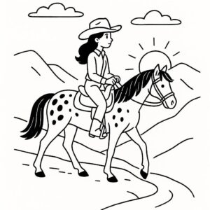 Coloring page of a Appaloosa girl riding a horse, cowgirl riding at sunset