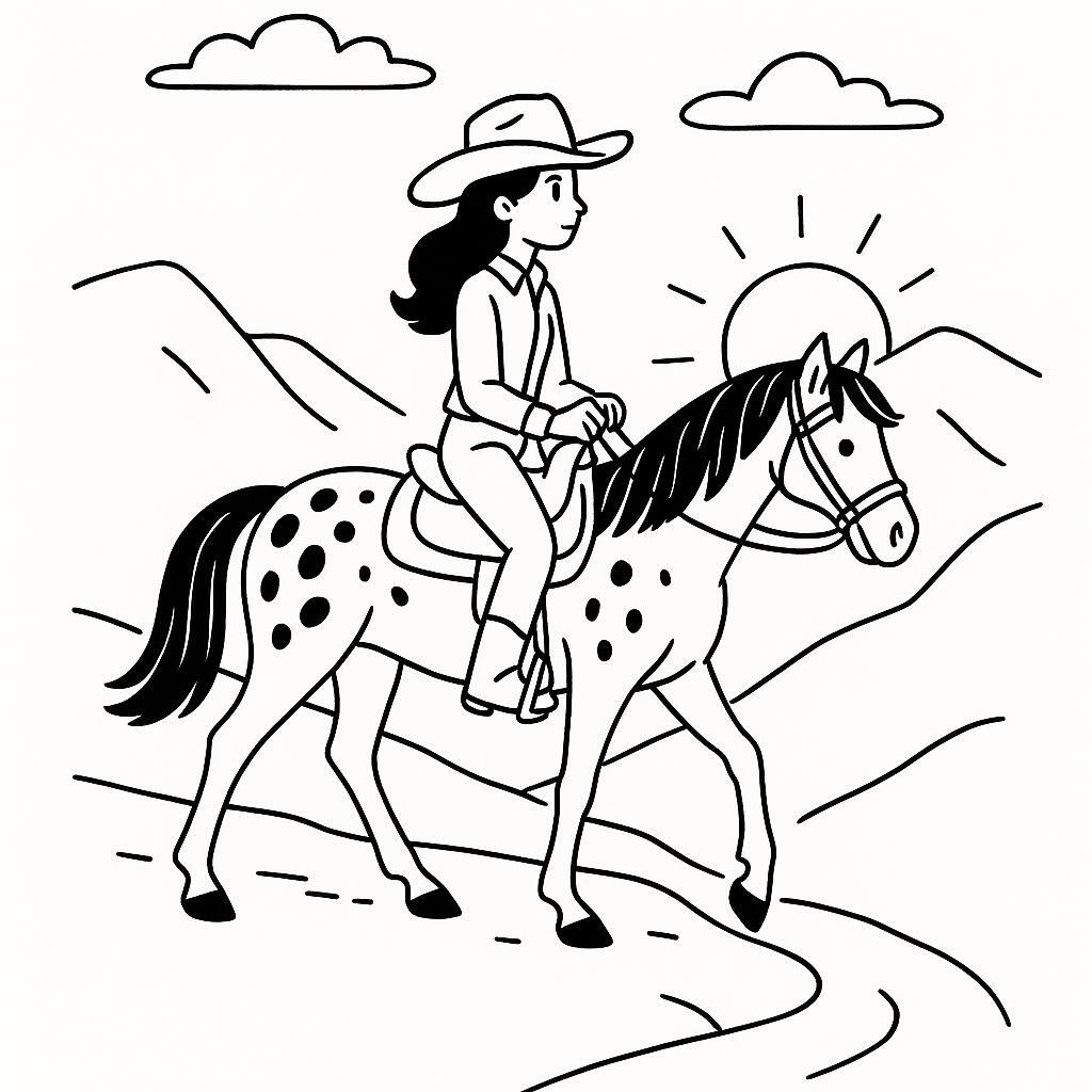 Coloring page of a Appaloosa girl riding a horse, cowgirl riding at sunset