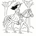 Page à colorier d&rsquo;une fille Appaloosa chevauchant un cheval, cowgirl chevauchant à travers une forêt