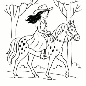 Coloring page of a Appaloosa girl riding a horse, cowgirl riding through a forest