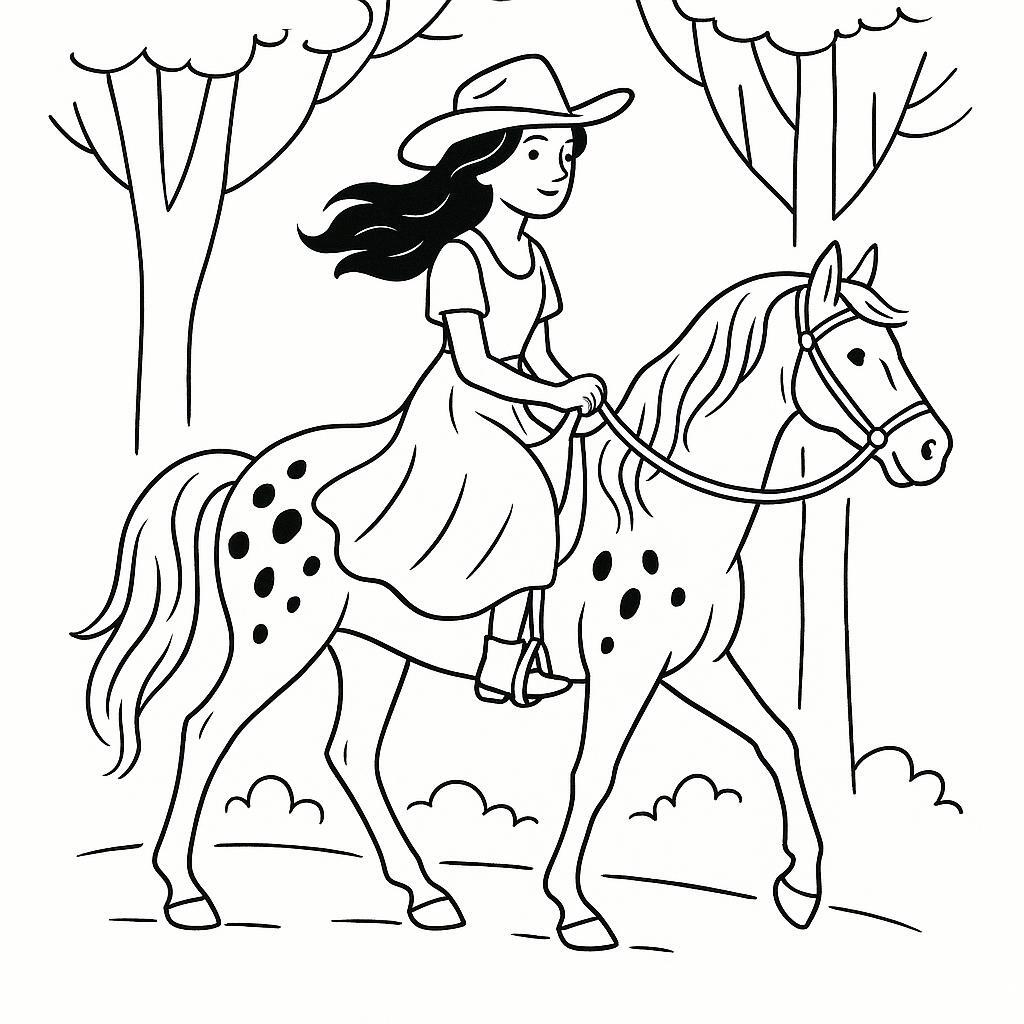 Coloring page of a Appaloosa girl riding a horse, cowgirl riding through a forest