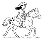 Page à colorier d&rsquo;une jeune femme Appaloosa à cheval, athlète équestre galopant à travers une prairie