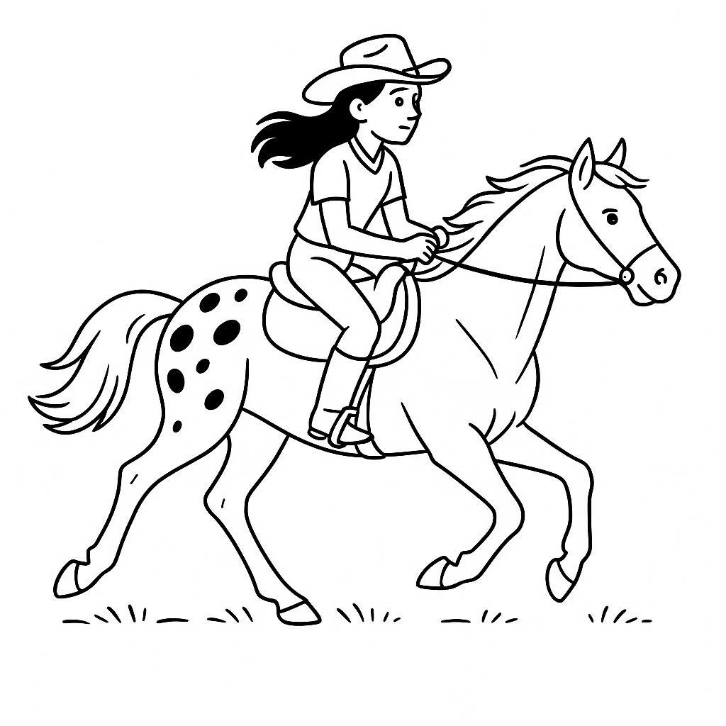 Coloring page of a Appaloosa young woman on horseback, equestrian athlete galloping across a meadow